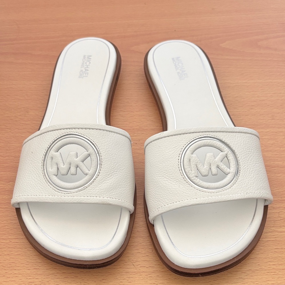 Michael Kors White Leather Logo Slide Sandals
